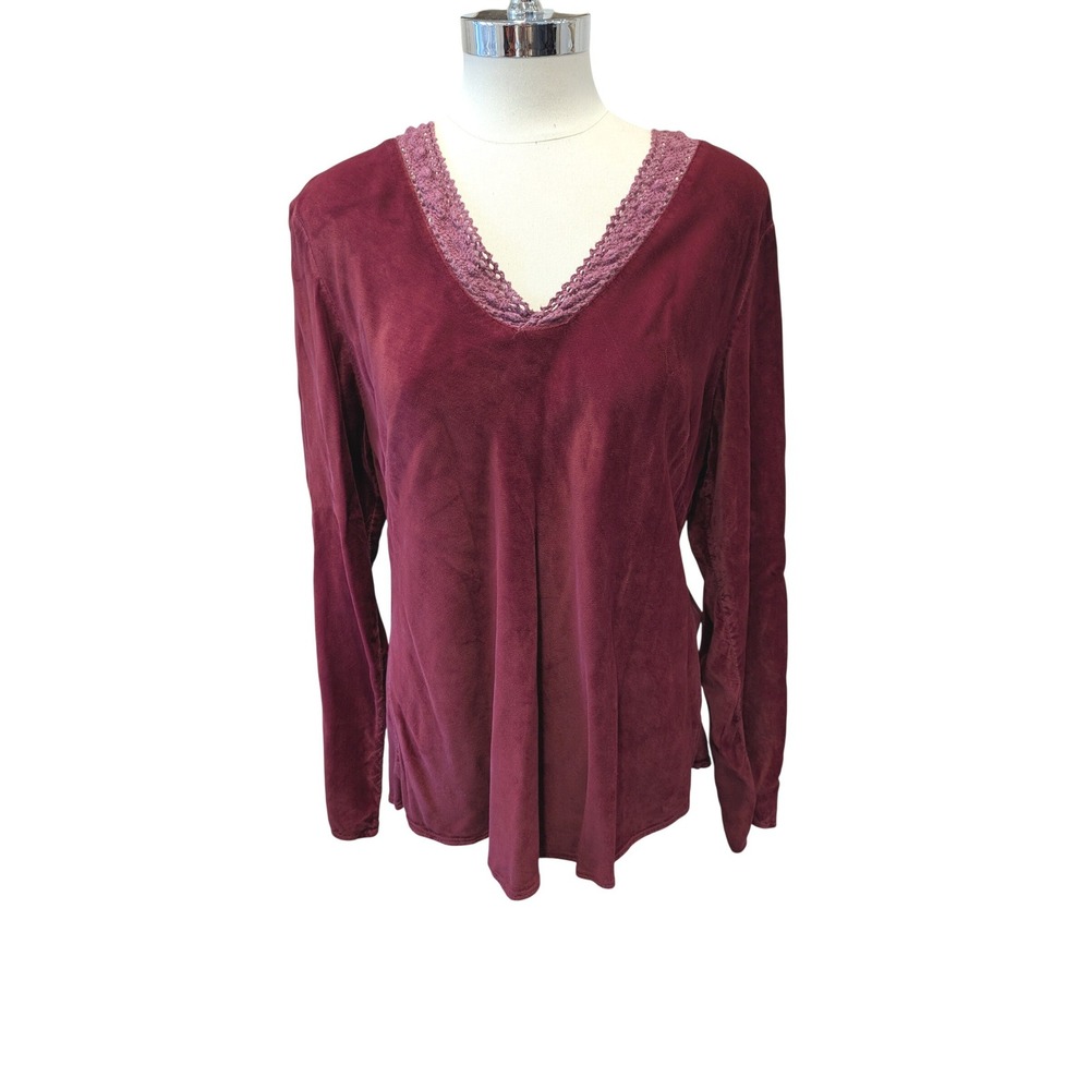 CP Shades Burgundy Velvet Crochet Lace V-Neck Long Sleeve Top Small‎ Vintage